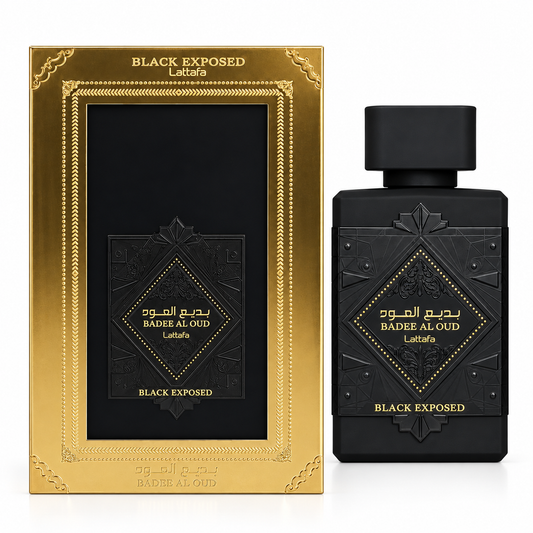 Lattafa Bade’e Al Oud Black Exposed Eau De Parfum 100ml bottle and box on a white background