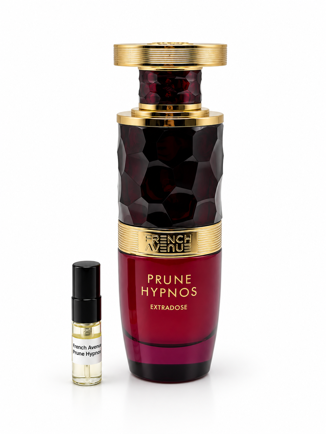 French Avenue Prune Hypnose bottle and black-capped sample vial on a white background