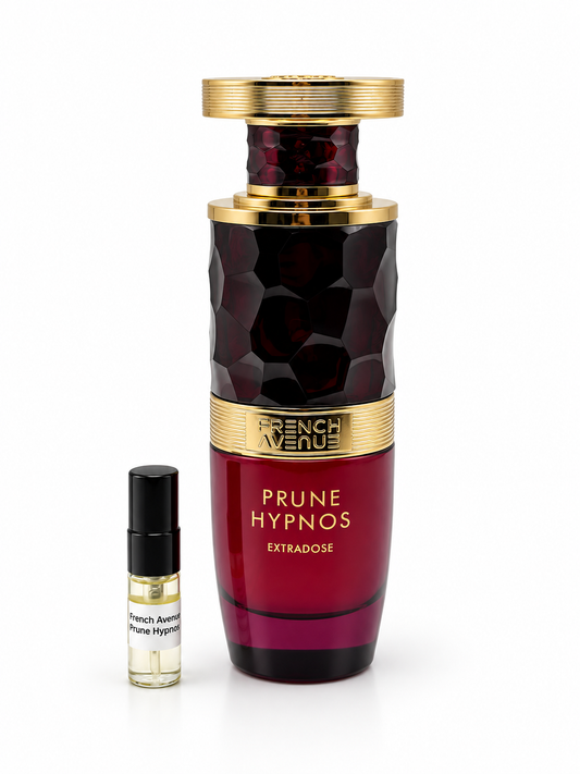 French Avenue Prune Hypnose bottle and black-capped sample vial on a white background