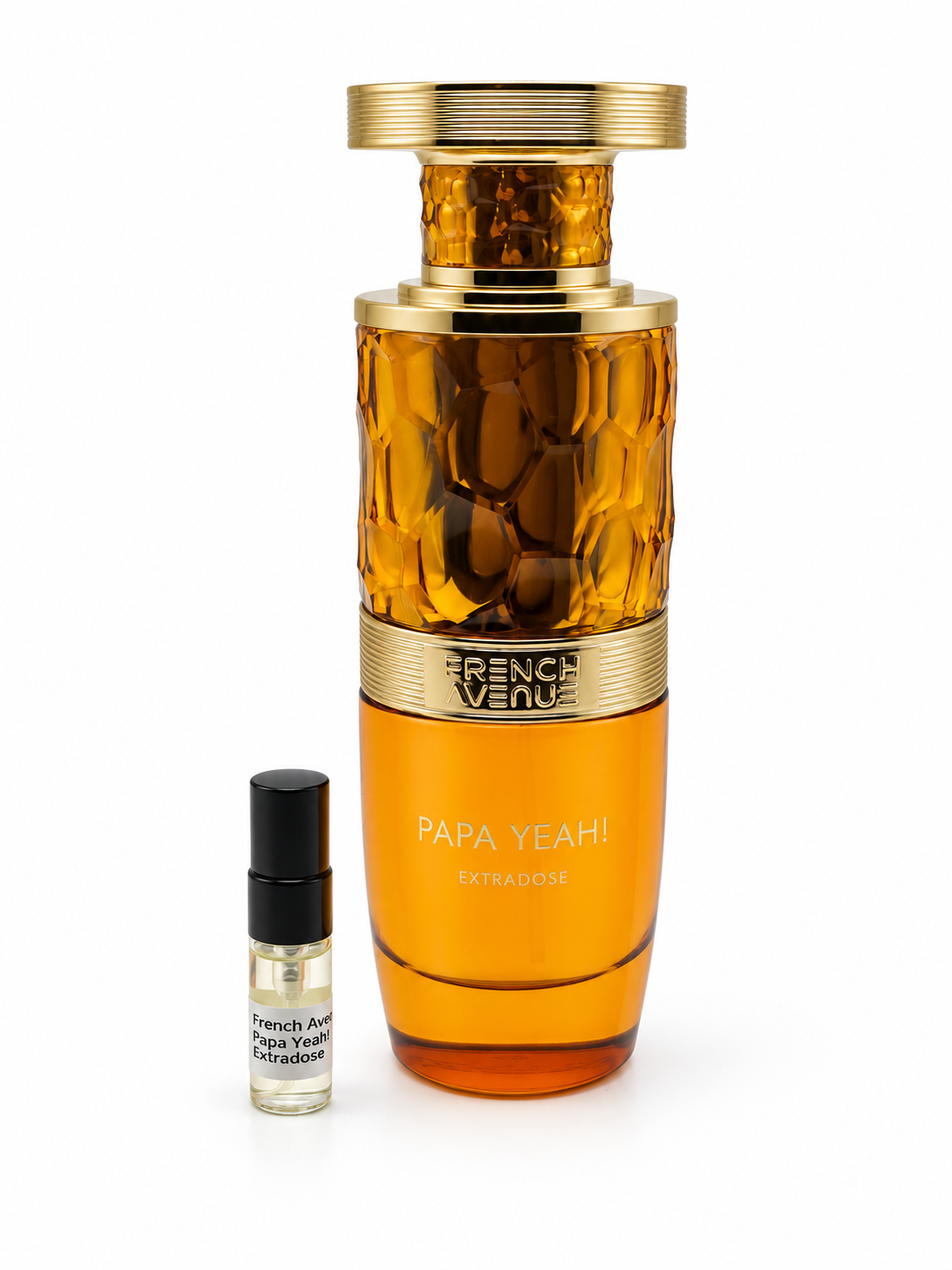 French Avenue Papa Yeah! bottle and black-capped sample vial on a white background