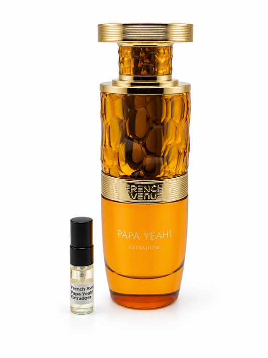 French Avenue Papa Yeah! bottle and black-capped sample vial on a white background