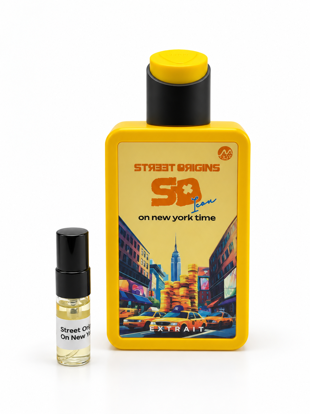 Street Origins On New York Time bottle and black-capped sample vial on a white background