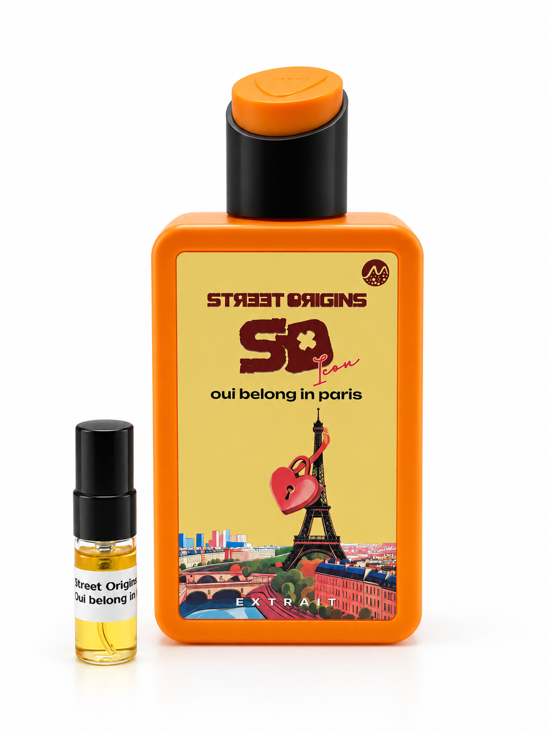 Street Origins Oui Belong In Paris bottle and black-capped sample vial on a white background