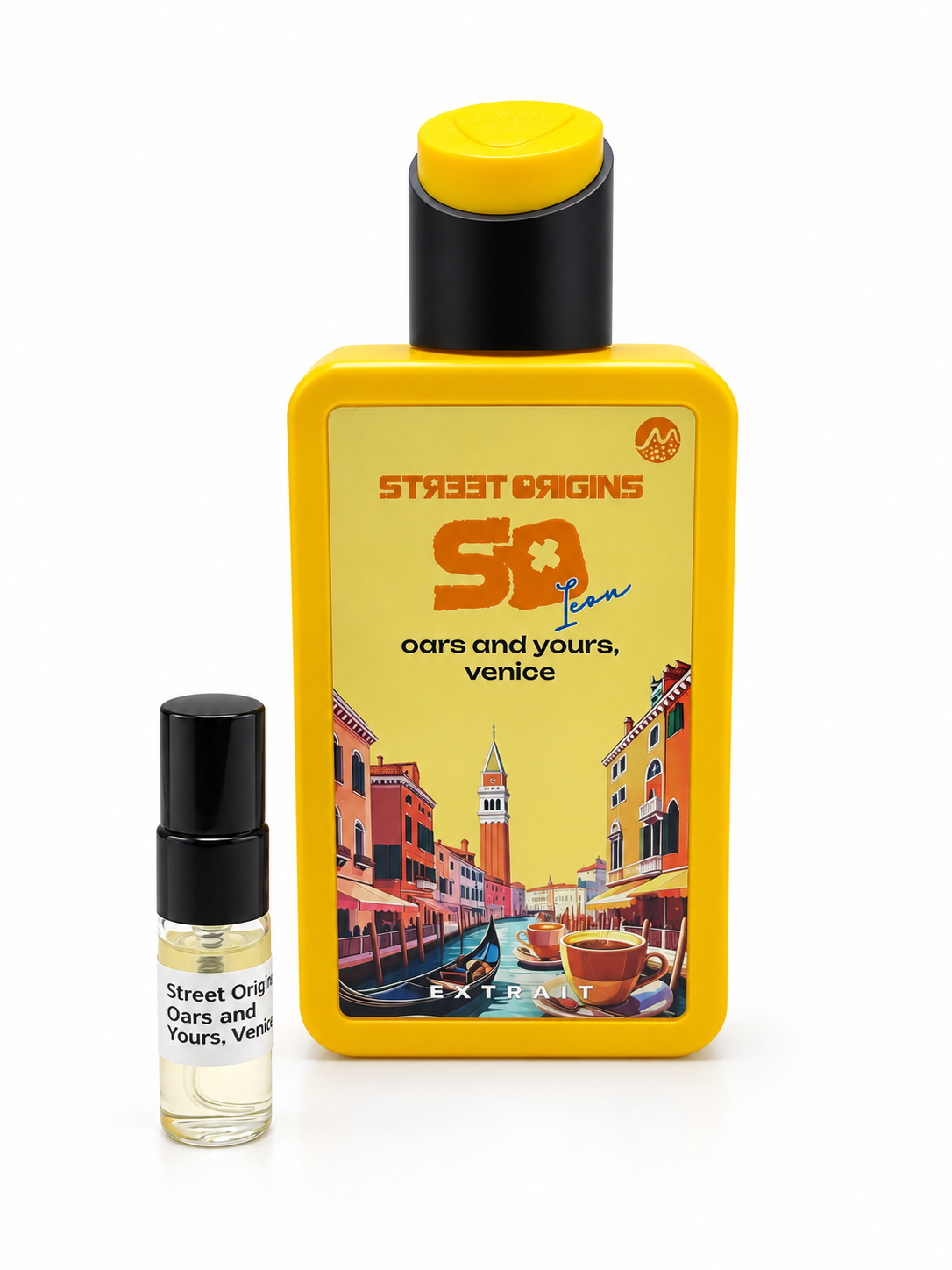 Street Origins Oars & Yours Venice bottle and black-capped sample vial on a white background