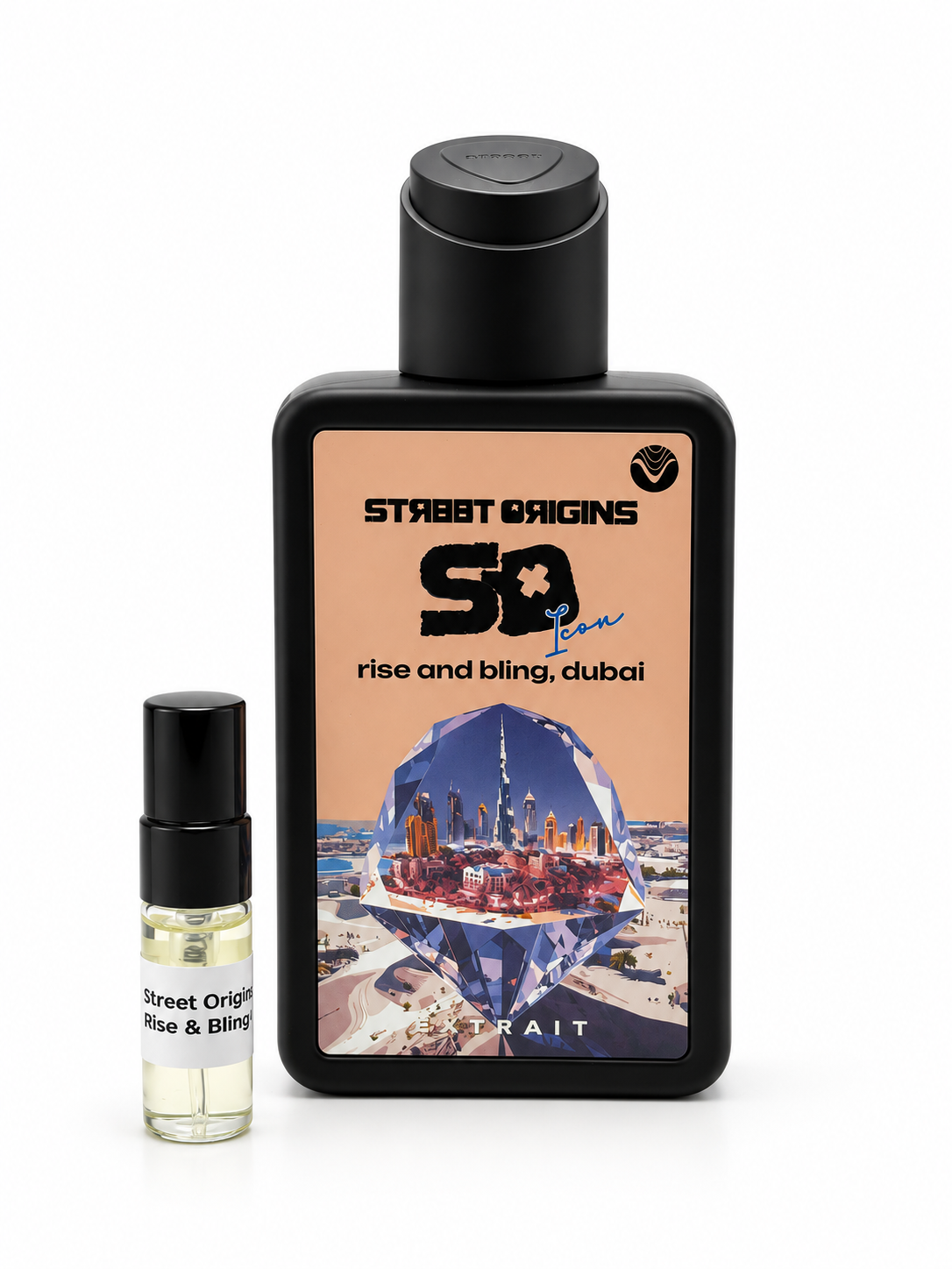 Street Origins Rise & Bling, Dubai bottle and black-capped sample vial on a white background