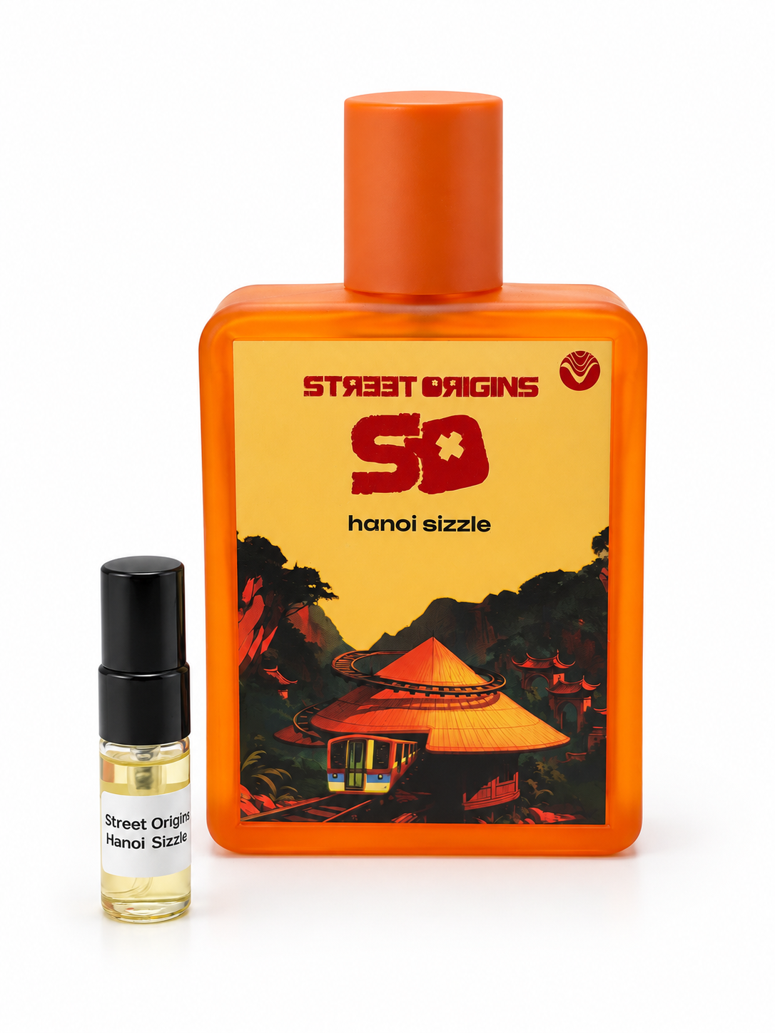 Street Origins Hanoi Sizzle bottle and black-capped sample vial on a white background