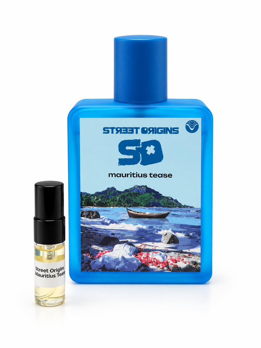Street Origins Maritius Tease bottle and black-capped sample vial on a white background