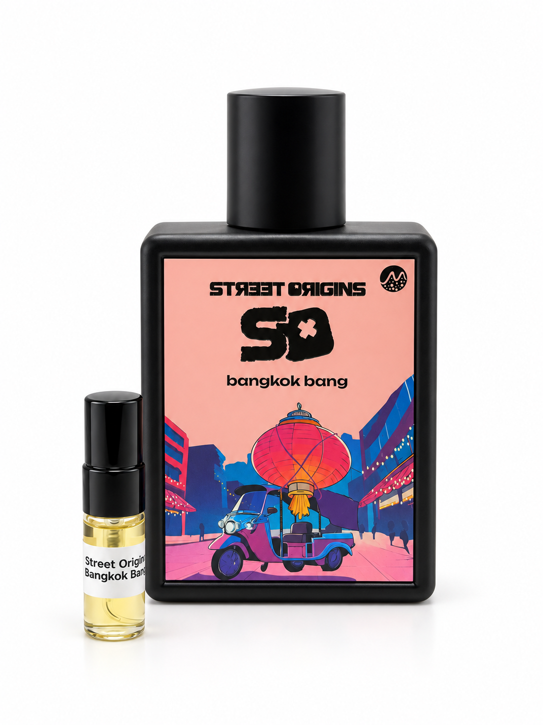 Street Origins Bangkok Bang bottle and black-capped sample vial on a white background