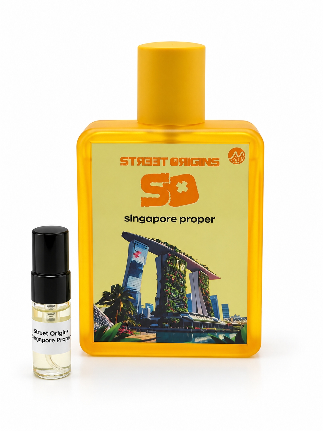 Street Origins Singapore Proper bottle and black-capped sample vial on a white background