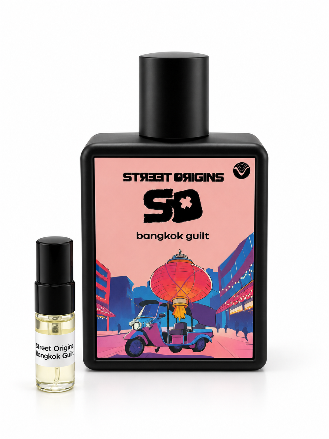 Street Origins Bangkok Guilt bottle and black-capped sample vial on a white background
