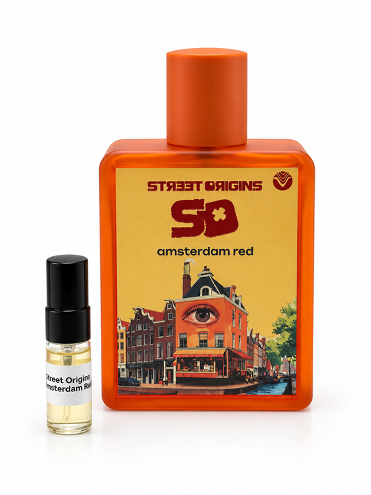 Street Origins Amsterdam Red bottle and black-capped sample vial on a white background