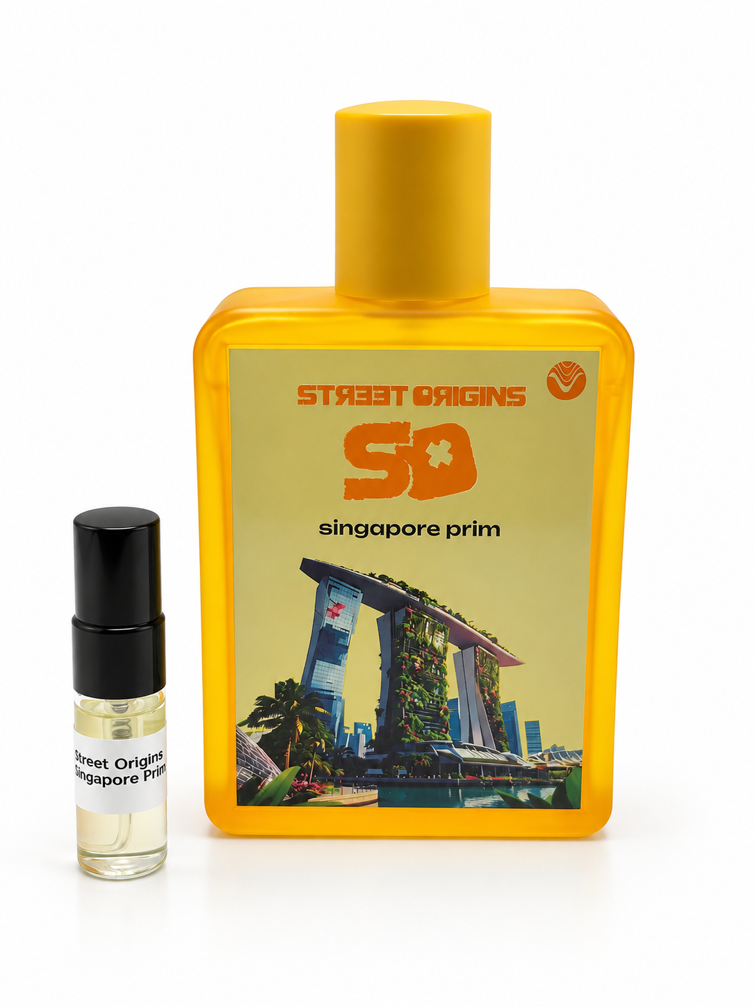 Street Origins Singapore Prim bottle and black-capped sample vial on a white background