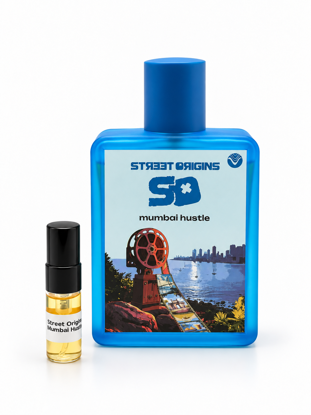 Street Origins Mumbai Hustle bottle and black-capped sample vial on a white background
