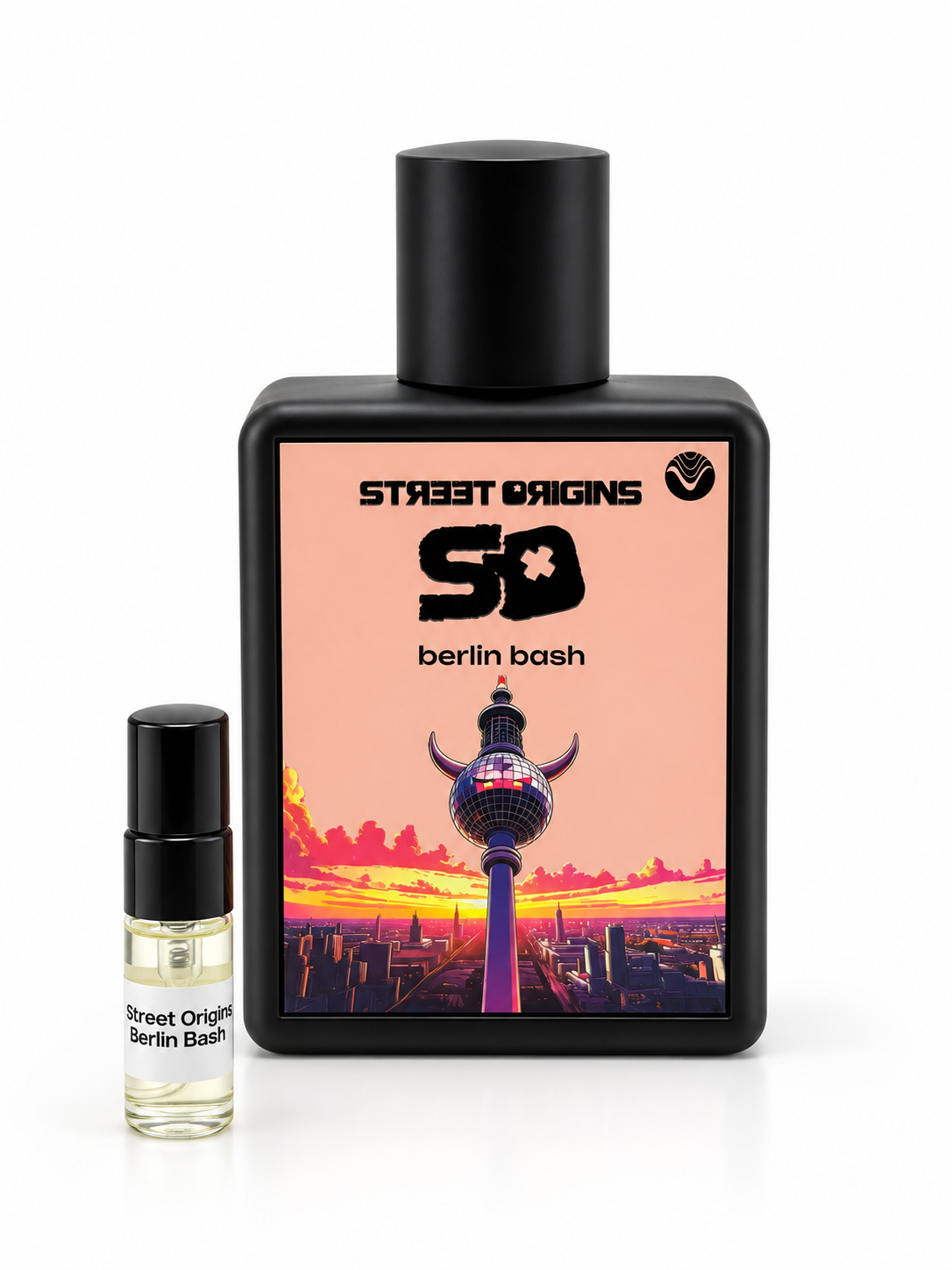 Street Origins Berlin Bash bottle and black-capped sample vial on a white background
