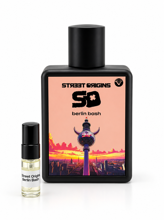 Street Origins Berlin Bash bottle and black-capped sample vial on a white background