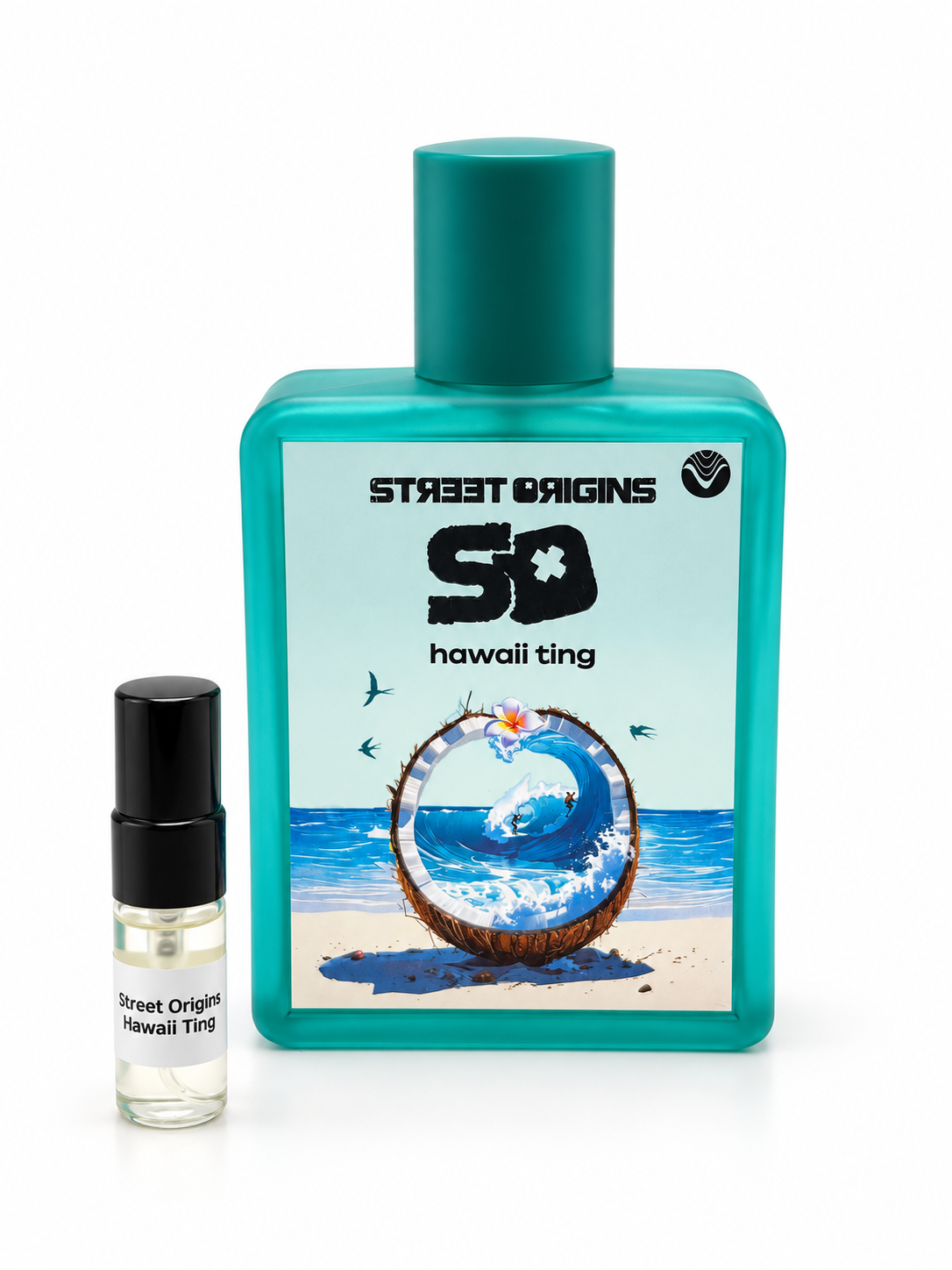 Street Origins Hawaii Ting bottle and black-capped sample vial on a white background