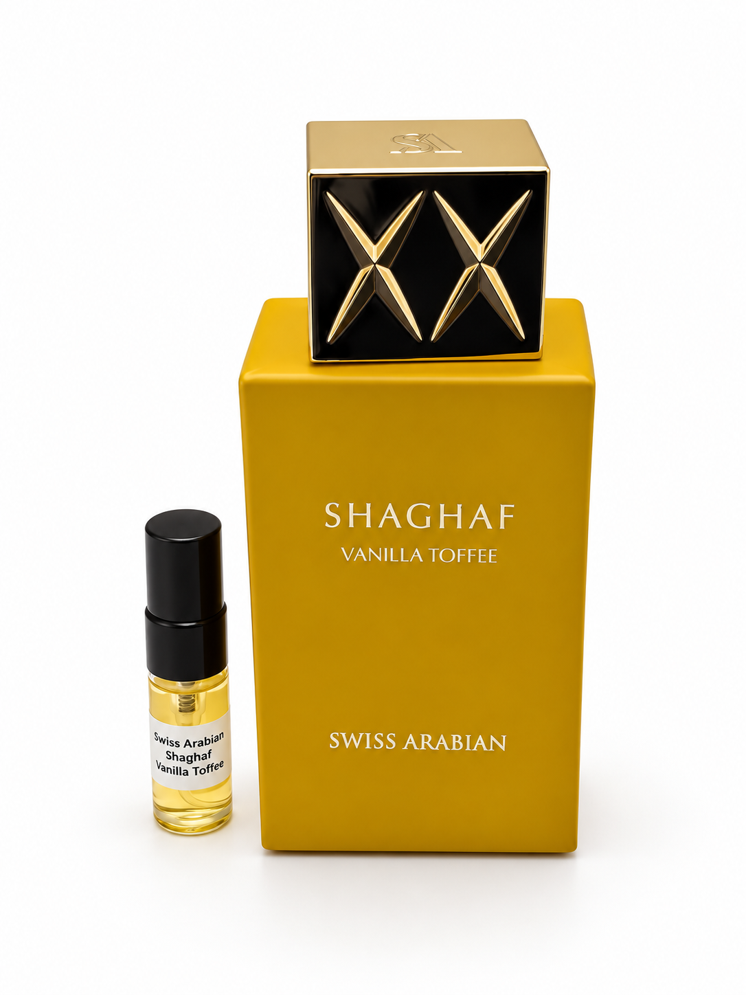 Swiss Arabian Shaghaf Vanilla Toffee with black-capped sample vial — studio photograph