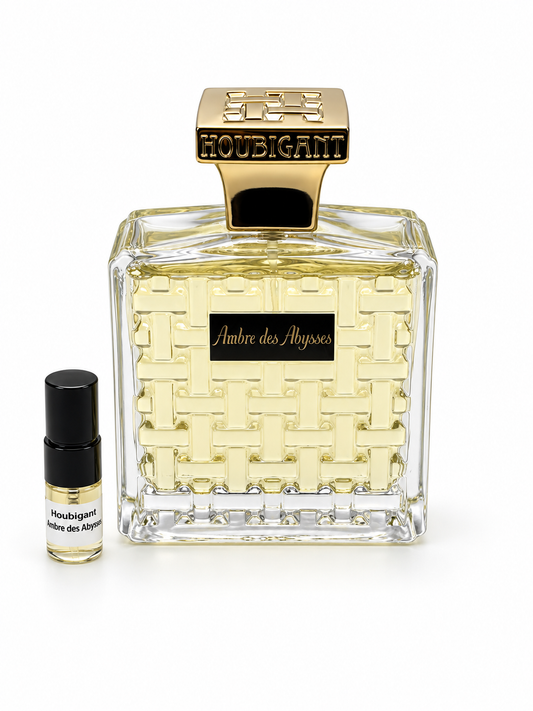 Houbigant Ambre des Abysses with black-capped sample vial — studio photograph
