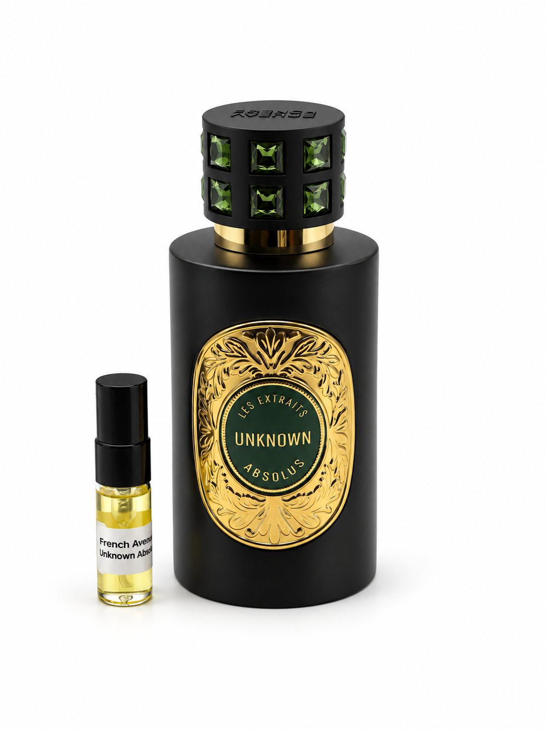 French Avenue Unknown Absolu with black-capped sample vial — studio photograph