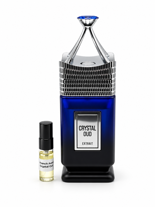 French Avenue Crystal Oud with black-capped sample vial — studio photograph
