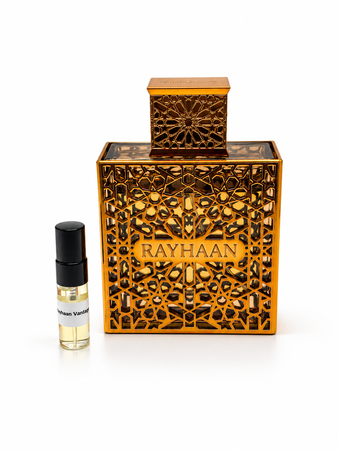 Rayhaan Vantage with black-capped sample vial — studio photograph