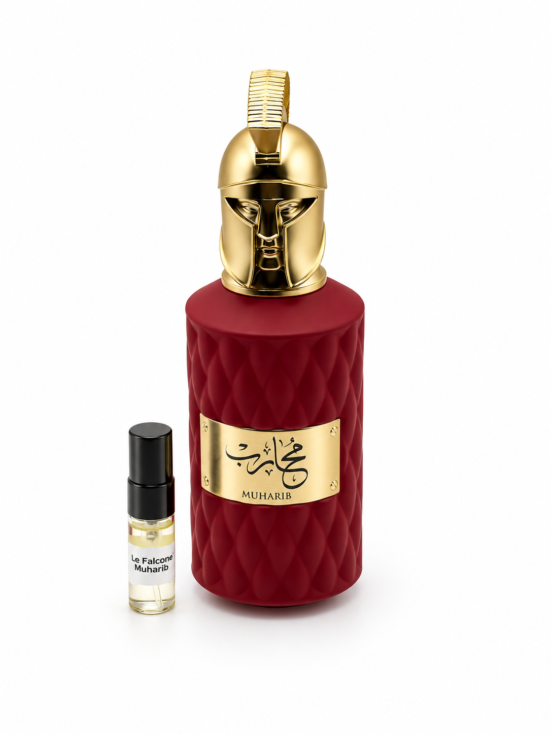 Le Falcone Muharib with black-capped sample vial — studio photograph