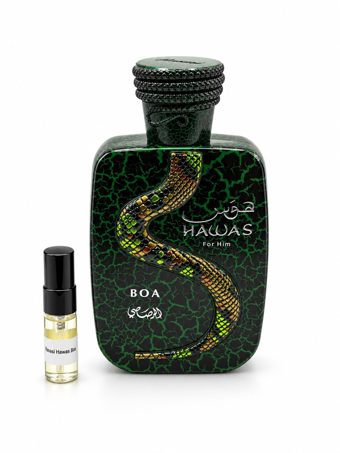 Rasasi Hawas Boa with black-capped sample vial — studio photograph
