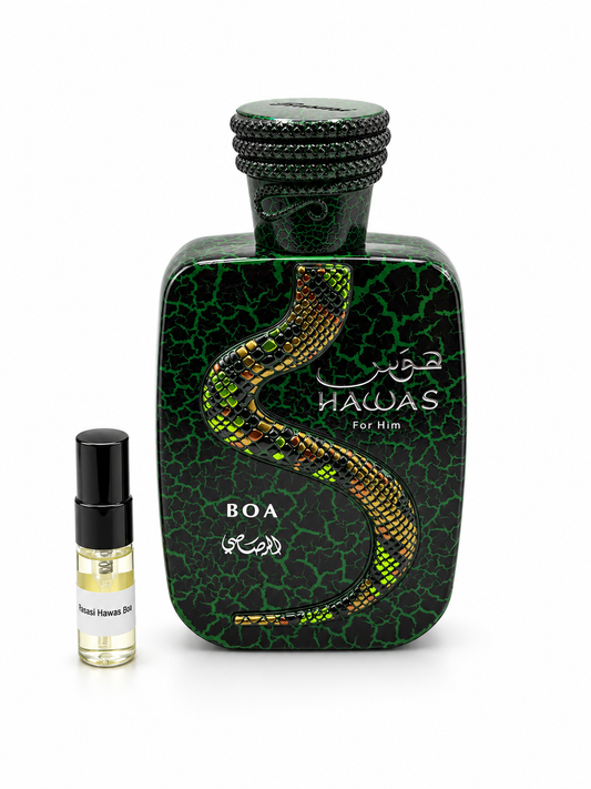 Rasasi Hawas Boa with black-capped sample vial — studio photograph