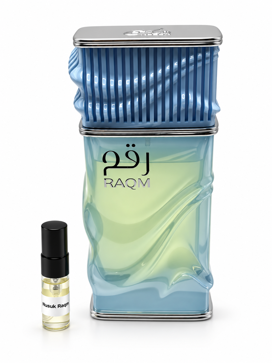Nusuk Raqm with black-capped sample vial — studio photograph