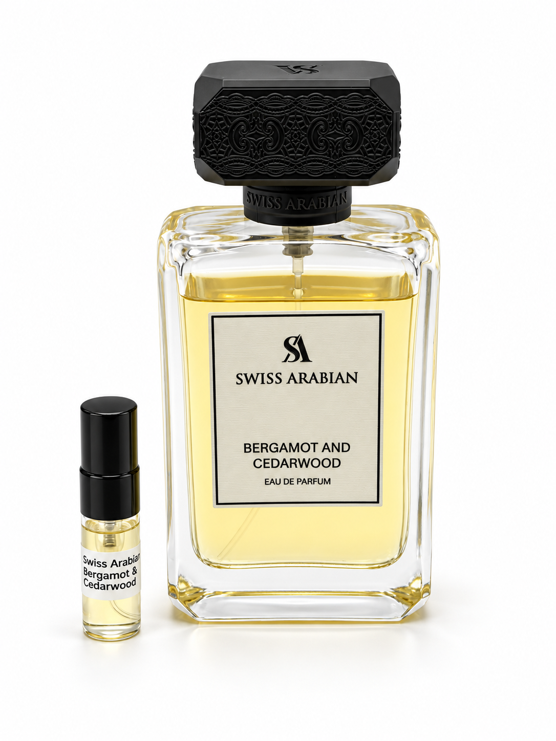 Swiss Arabian Bergamot & Cedarwood with black-capped sample vial — studio photograph
