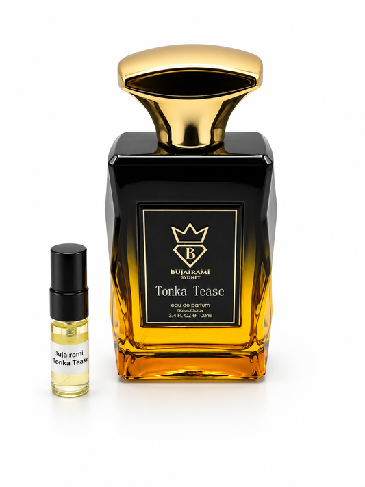 Bujairami Tonka Tease with black-capped sample vial — studio photograph