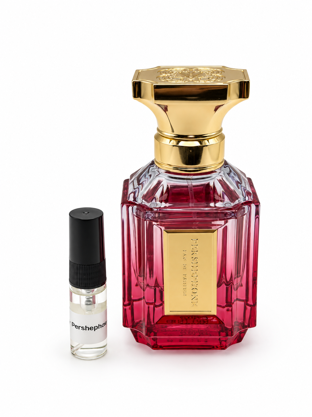 Velixir Pershephone with black-capped sample vial on white background
