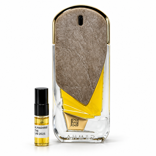 Ahmed Al Maghribi 2025 The Alchemy Lab bottle and sample vial on a white background