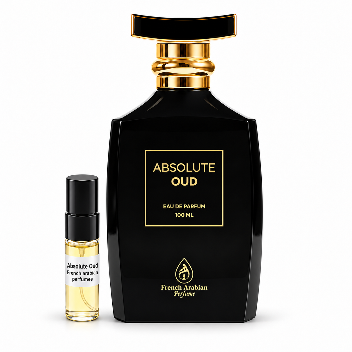 Absolute Oud French arabian perfumes bottle and sample vial on white background