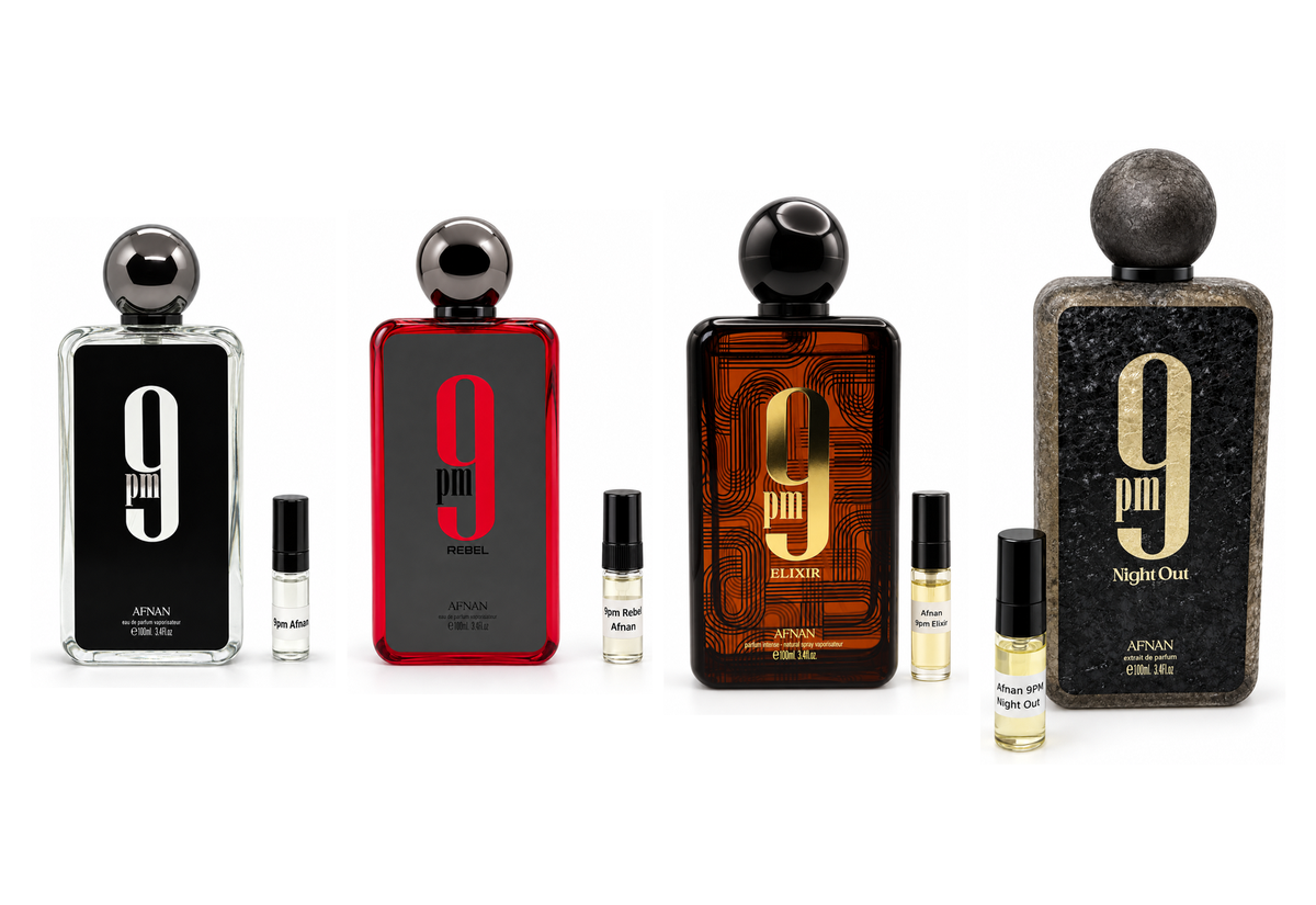 Four Afnan 9pm fragrances with matching 3ml sample vials on a clean white background.