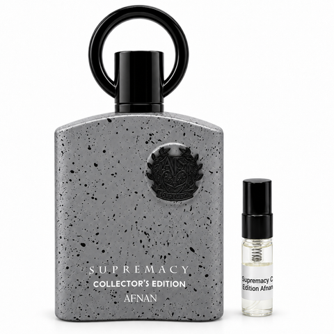 Afnan Supremacy Collectors Edition bottle with a black-capped sample vial on a white background