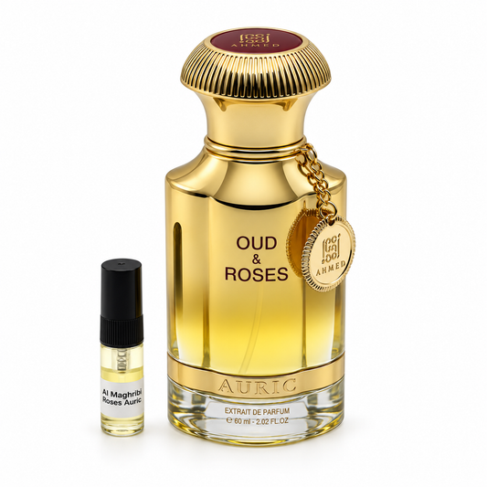 Ahmed Al Maghribi Oud & Roses Auric bottle and sample vial on a white background