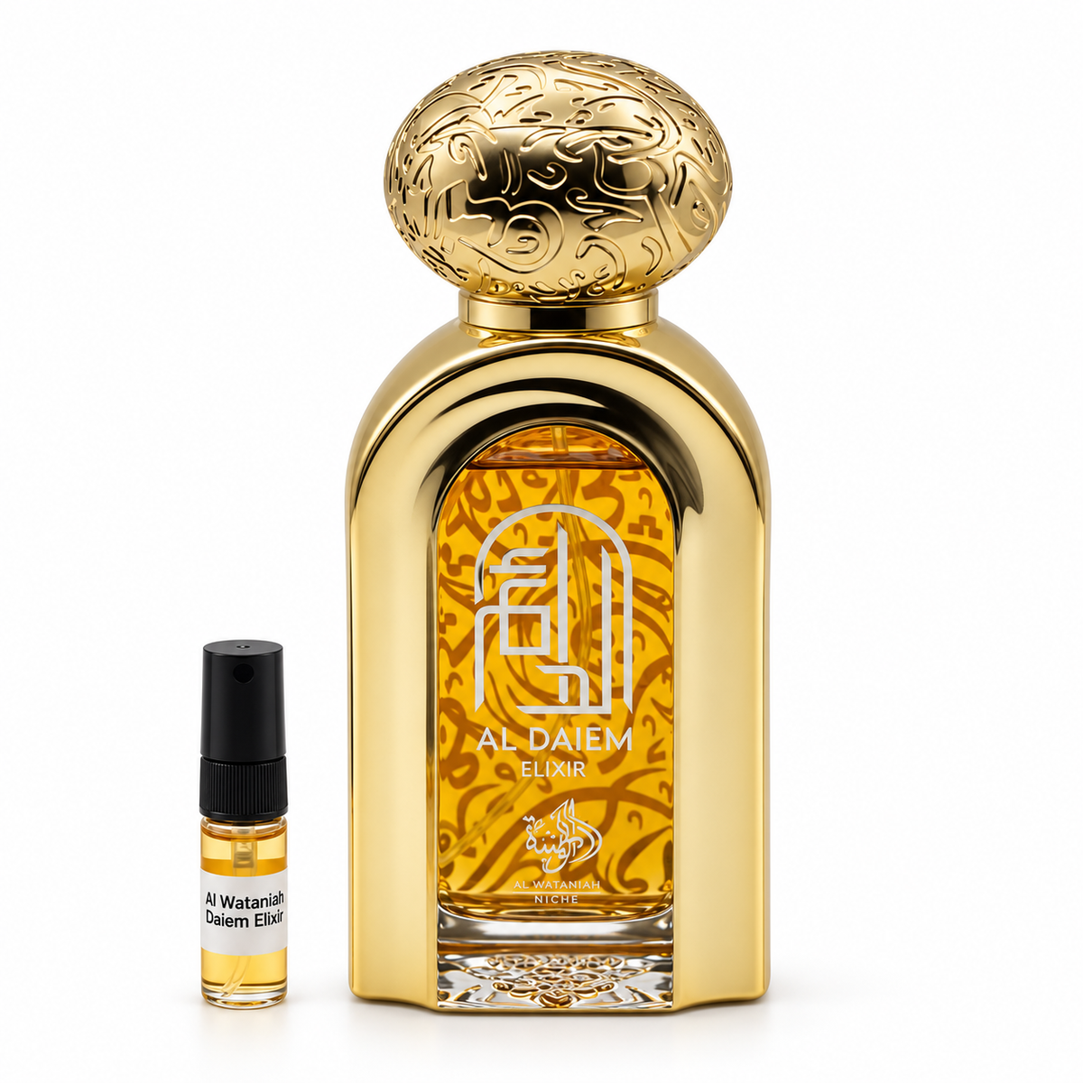 Al Wataniah Al Daiem Elixir bottle and sample vial on a white background