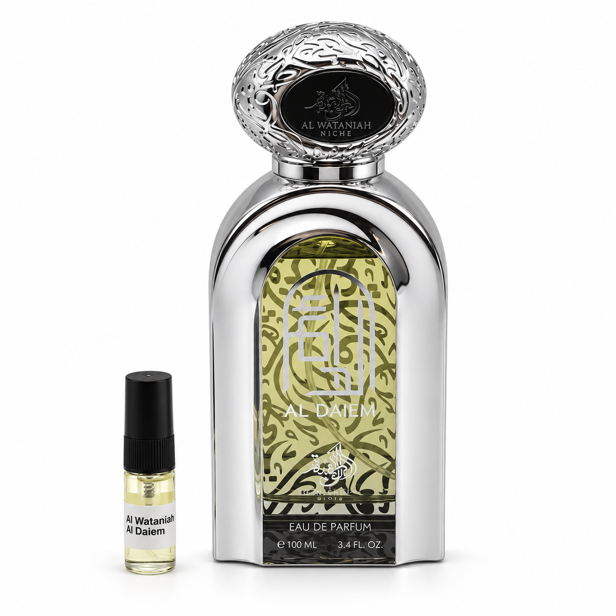 Al Wataniah Al Daiem bottle and sample vial on a white background