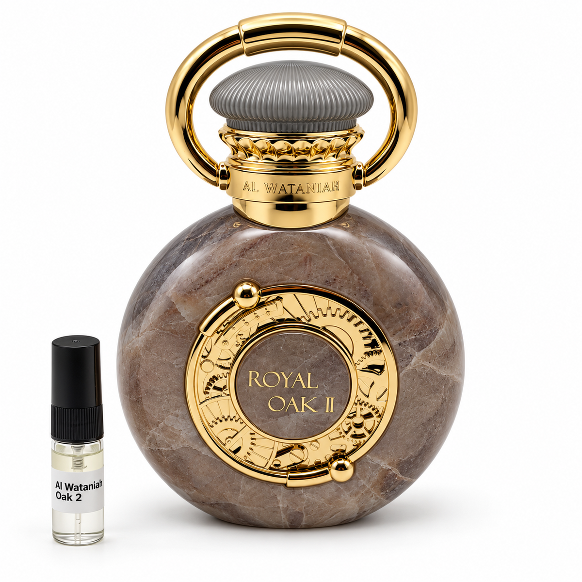 Al Wataniah Royal oak 2 bottle and sample vial on a white background