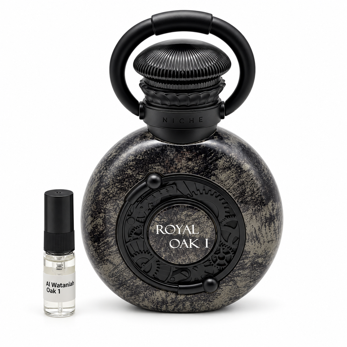 Al Wataniah Royal oak 1 bottle and sample vial on a white background