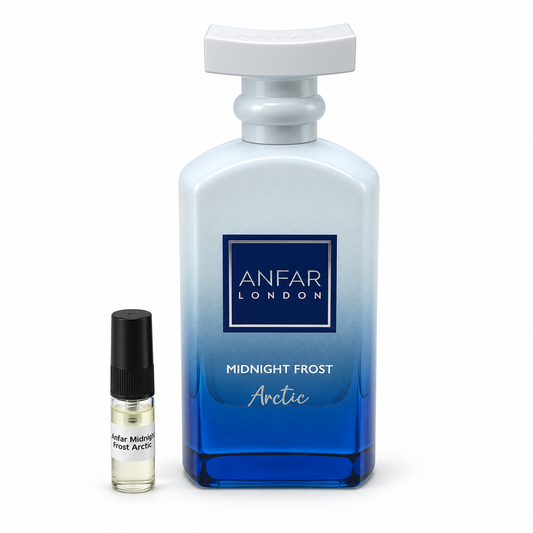 Anfar London Midnight Frost Arctic bottle and sample vial on a white background