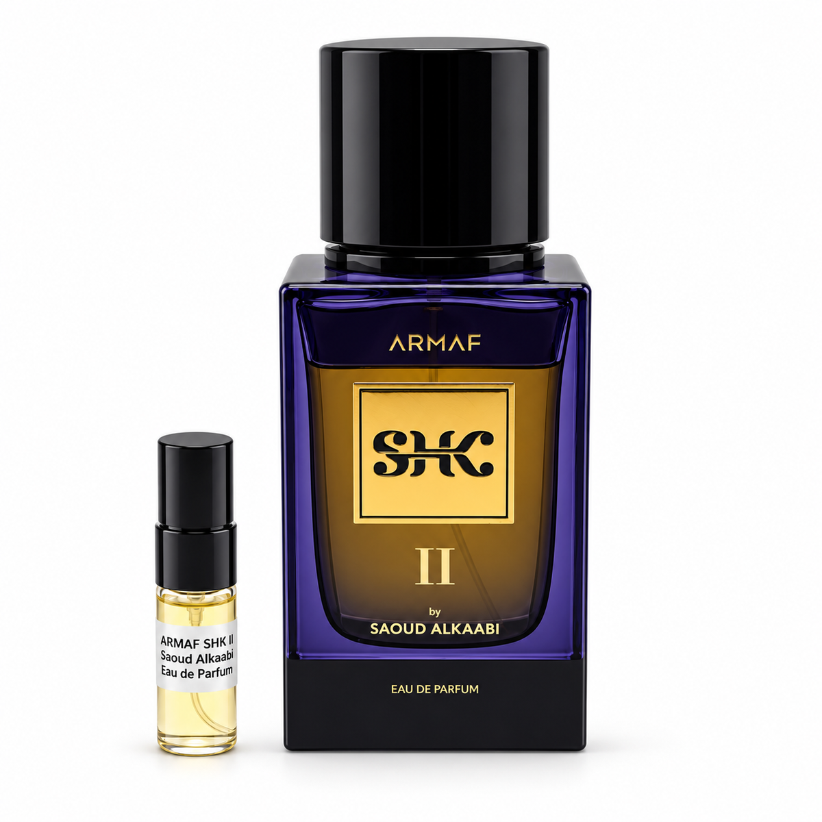 Armaf SHK 2 By Saoud Alkaabi bottle and sample vial on white background