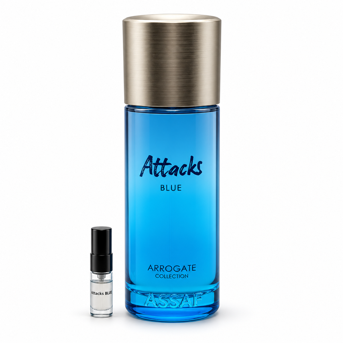 Assaf Attacks Blue bottle and sample vial on a white background