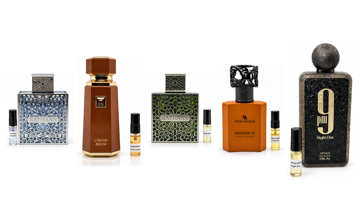 Five fragrances and their matching 3ml sample vials: Rayhaan Aquatica, French Avenue Liquid Brun, Rayhaan Terra, Swiss Arabian Incense 01 and Afnan 9pm Night Out on white.