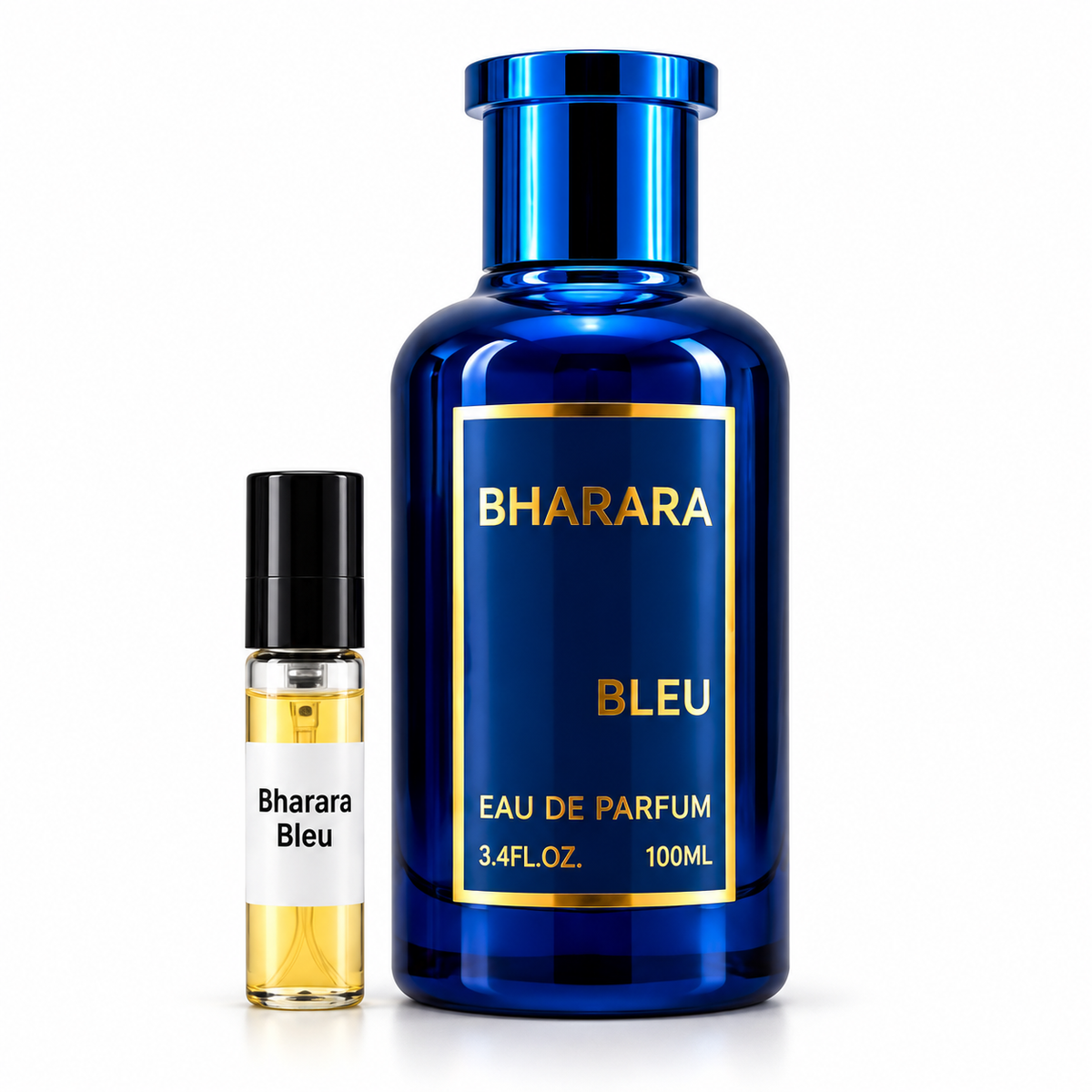 Bharara Bleu with sample vial on white background