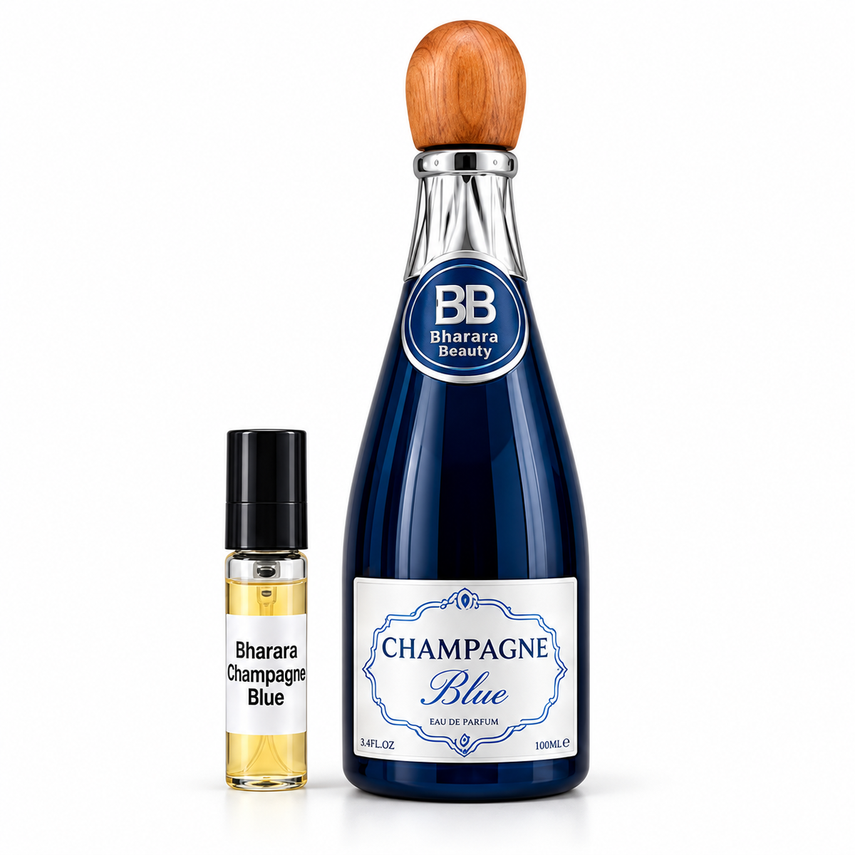 Bharara Champagne Blue with sample vial on white background