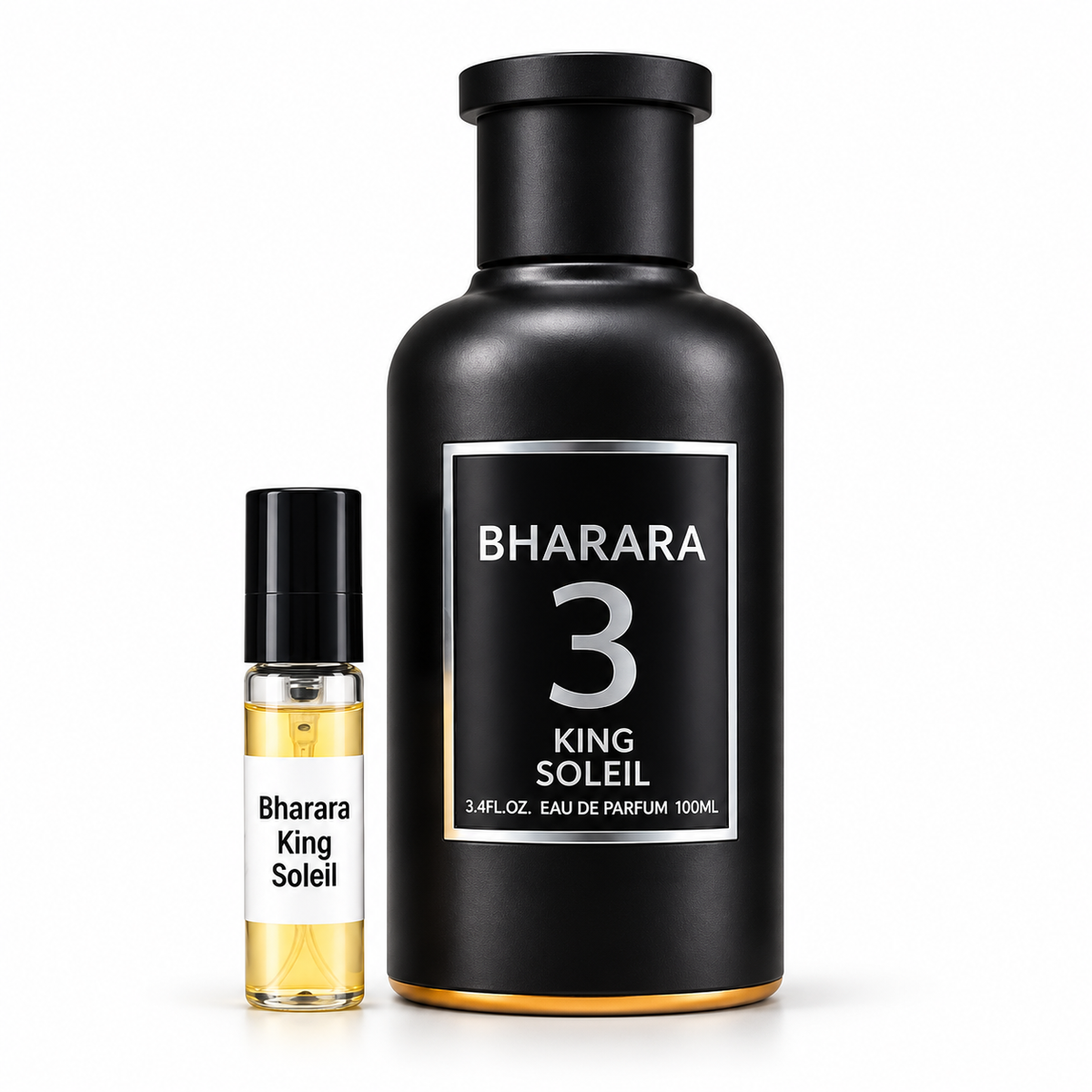 Bharara King Soleil with sample vial on white background