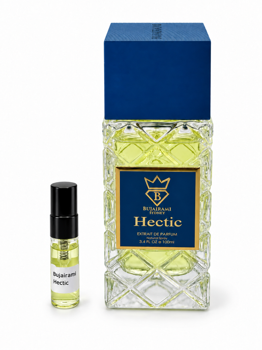 Bujairami Hectic bottle with a black-capped sample vial on a white background