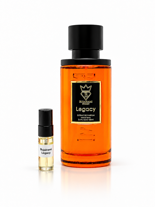 Bujairami Legacy with black-capped 3ml sample bottle on white studio background
